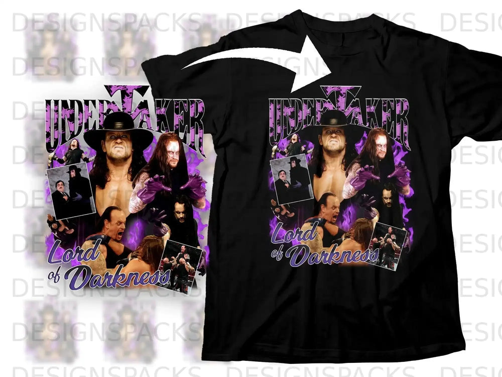 T-shirt with "The Undertaker Lord of Darkness" graphic and wrestling images.