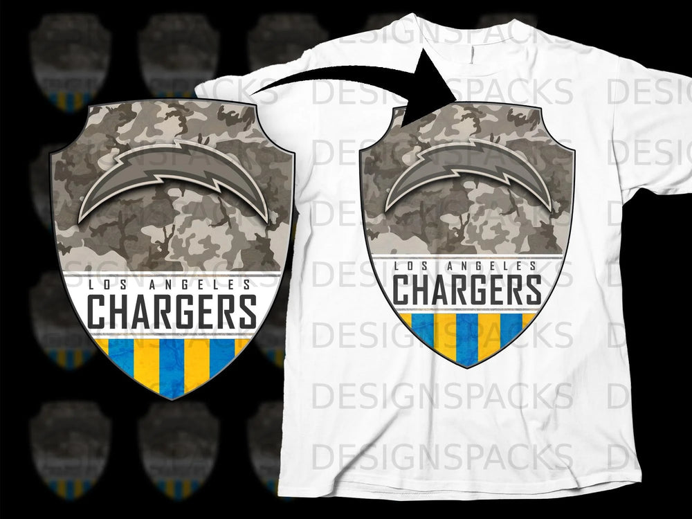 Los Angeles Chargers shield logo with camouflage and stripes on a white t-shirt.