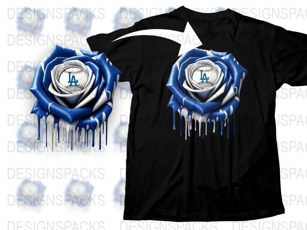 Los Angeles Baseball Team Inspired Floral Graphic T-Shirt, Stylish Blue and White Sports Tee