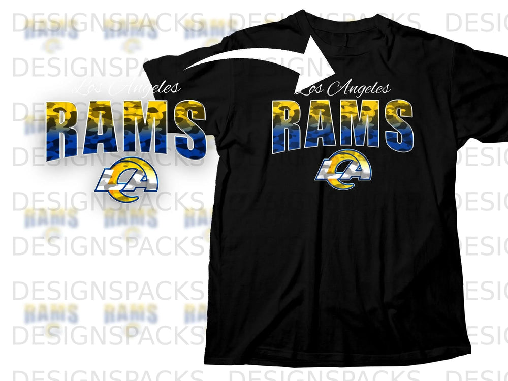 Black t-shirt with "Los Angeles Rams" text and logo.