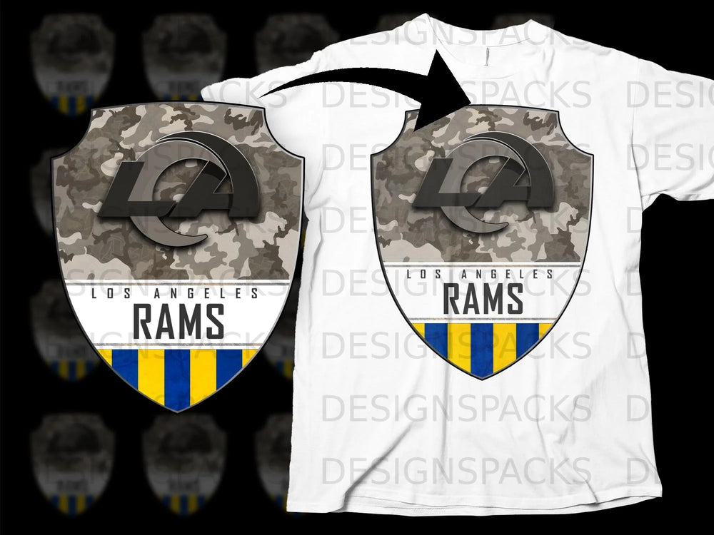 Los Angeles Rams shield logo with camouflage pattern on white t-shirt.