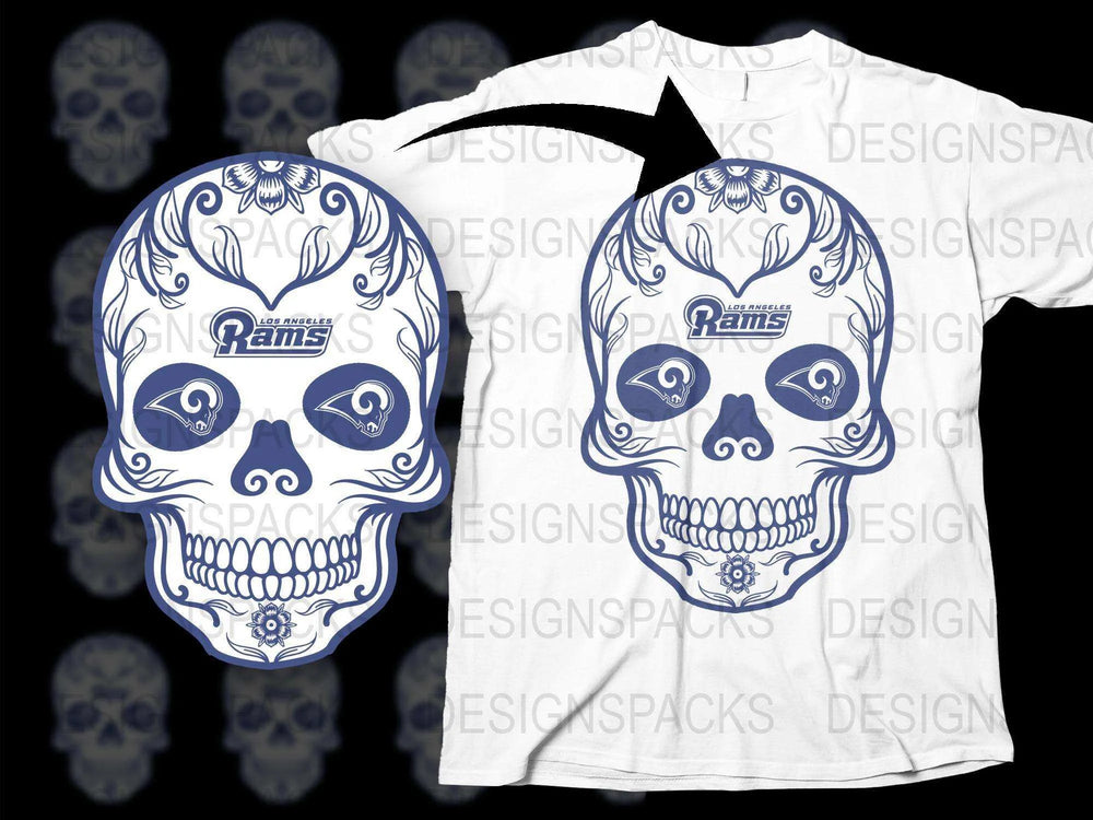 Gothic Skull T-Shirt, Rams Football Team Design, Blue and White Graphic Tee, Unique Sports Fan Apparel