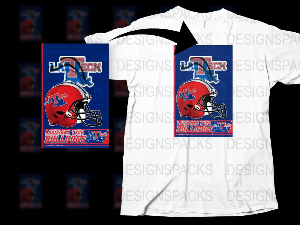 Louisiana Tech Bulldogs Football Helmet Graphic T-Shirt, College Sports Fan Apparel, Red and Blue Tee