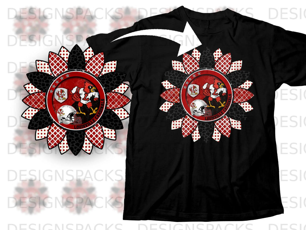 Black t-shirt featuring a sunflower design with Louisville Cardinals football motifs.