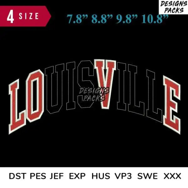 Louisville arched text design in red and white, available in 4 sizes for embroidery, DTF, DTG, and tumbler wraps.