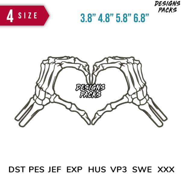 Skeleton hands forming heart shape, available in 4 sizes, embroidery formats DST PES JEF EXP