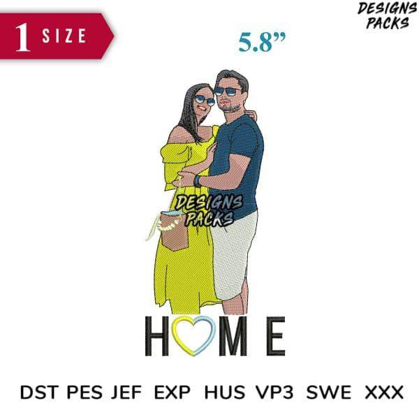 Couple in sunglasses embracing with 'HOME' text, 5.8" embroidery design, DST PES formats