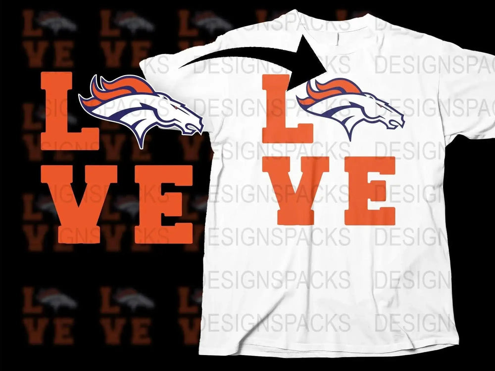 Denver Broncos Love T-Shirt, Football Team Fan Gear, White and Orange Graphic Tee