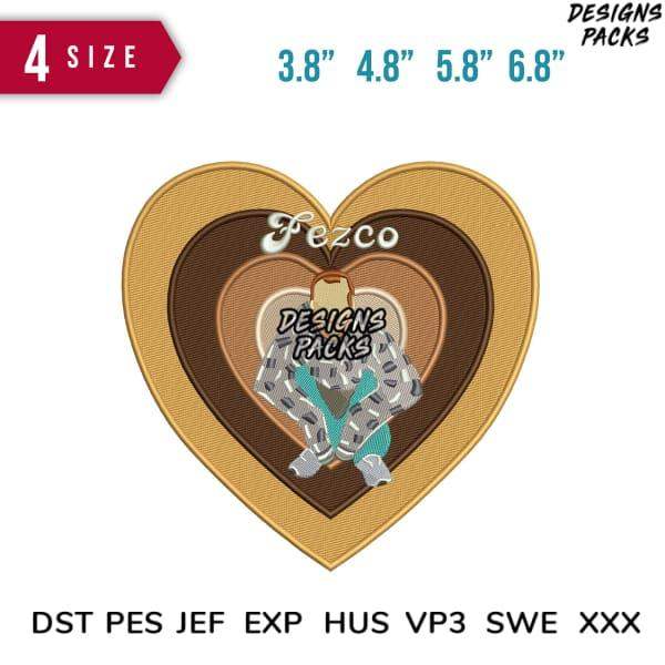 Heart-shaped embroidery design with Fezco text, available in multiple sizes and formats