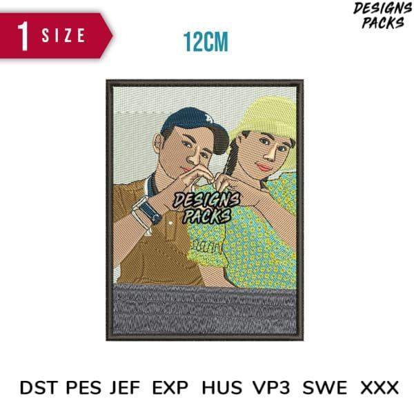 Embroidery design of couple making heart gesture, 12cm, PES DST formats, print-ready for apparel