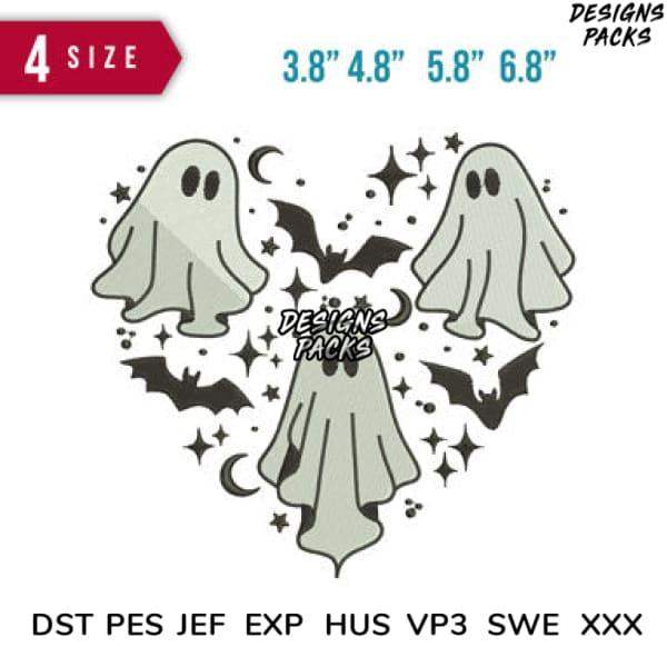 Cute ghost Halloween embroidery design in heart shape with bats, stars, moons. Available in 4 sizes & multiple formats.