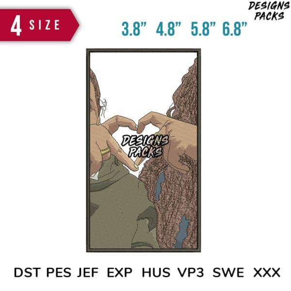 Embroidery design of hands forming heart, 4 sizes, DST PES JEF formats, print-ready for apparel