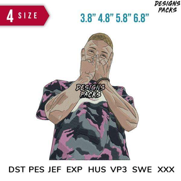 Embroidery design of man in pink camo shirt covering mouth, available in 4 sizes & multiple formats