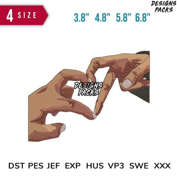 Embroidery design of hands forming heart shape, available in multiple sizes and formats