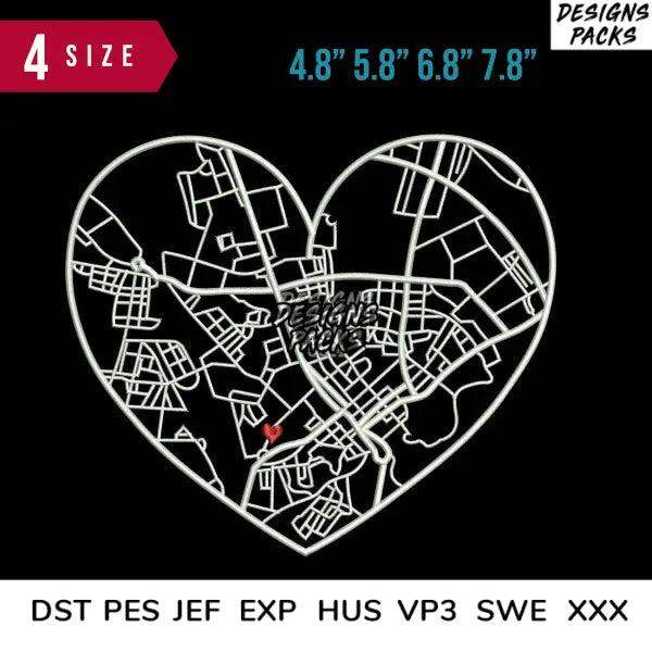 Love map Embroidery Design 4.8" 5.8" 6.8" 7.8"