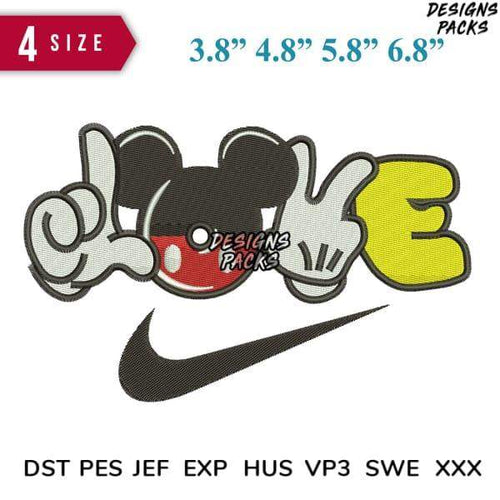 Embroidery design featuring Mickey Mouse hands forming 'LOVE' with Nike swoosh, available in multiple sizes and formats
