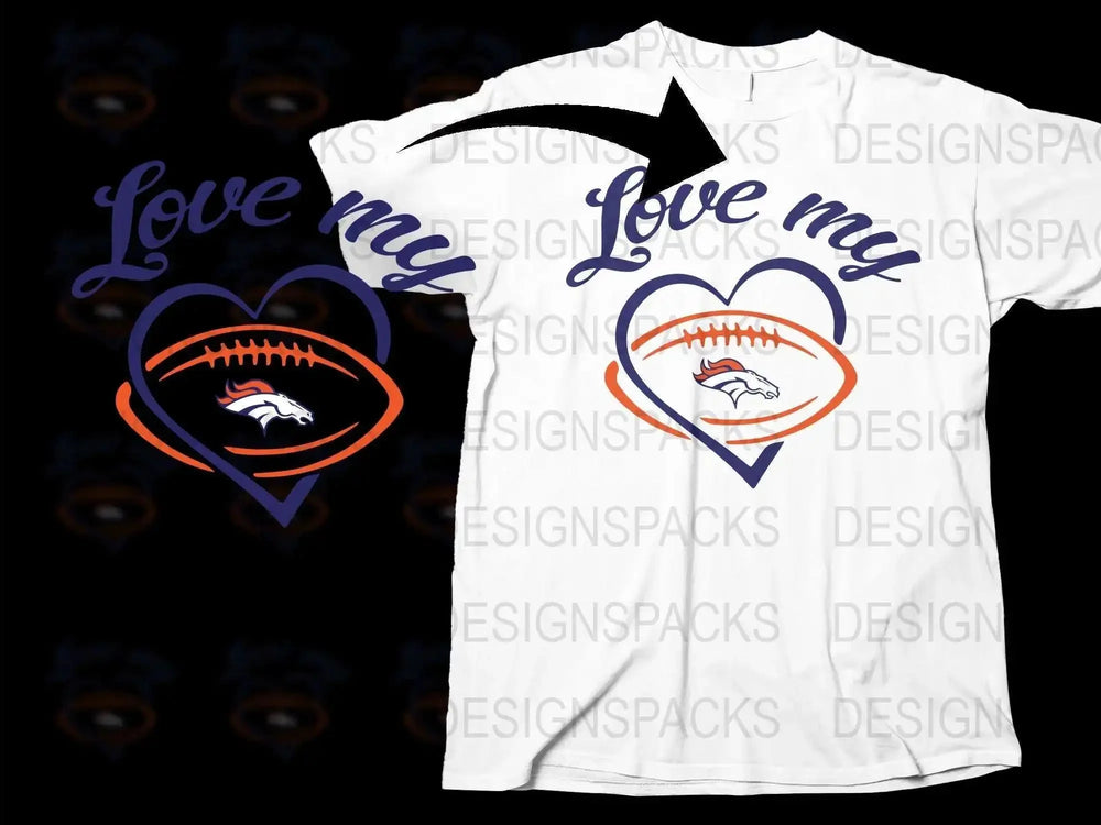 Love My Team Football Heart Graphic T-Shirt, Denver Inspired Sports Fan Apparel