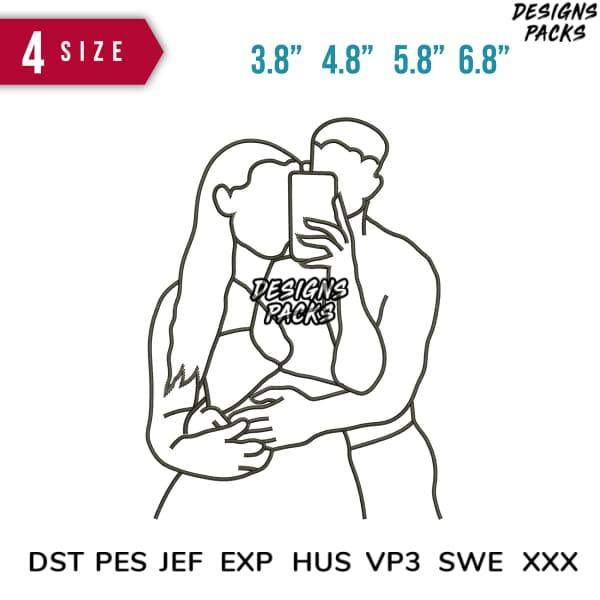 Couple taking selfie with phone, line art design for embroidery, available in 4 sizes & formats like DST PES