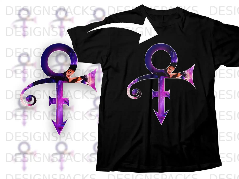 Black t-shirt featuring Prince's iconic purple symbol with a silhouette within.