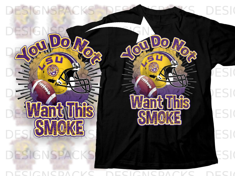 Black t-shirt with purple and gold LSU football helmet graphic and text.