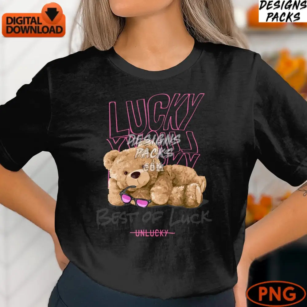 Lucky Teddy Bear Digital Print Cute With Sunglasses Png Instant Download Art