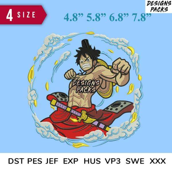 Luffy anime design for embroidery, available in DST PES JEF formats, 4 sizes, print-ready
