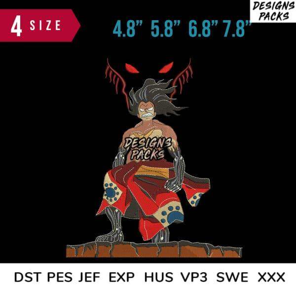 Anime demon embroidery design in 4 sizes, compatible with DST PES JEF formats for machine stitching