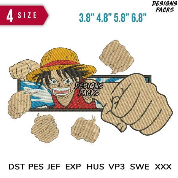 Luffy anime embroidery design in 4 sizes, print-ready formats for DTG, DTF, tumbler wraps