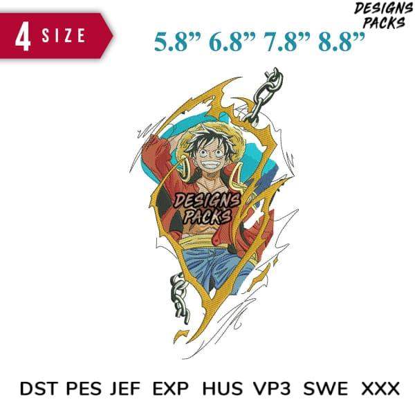 One Piece Luffy embroidery design in 4 sizes, DST PES JEF formats, print-ready for DTG or DTF