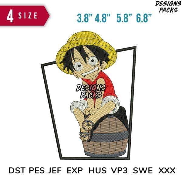 Luffy embroidery design in 4 sizes, print-ready PES DST formats for shirts, hats, bags