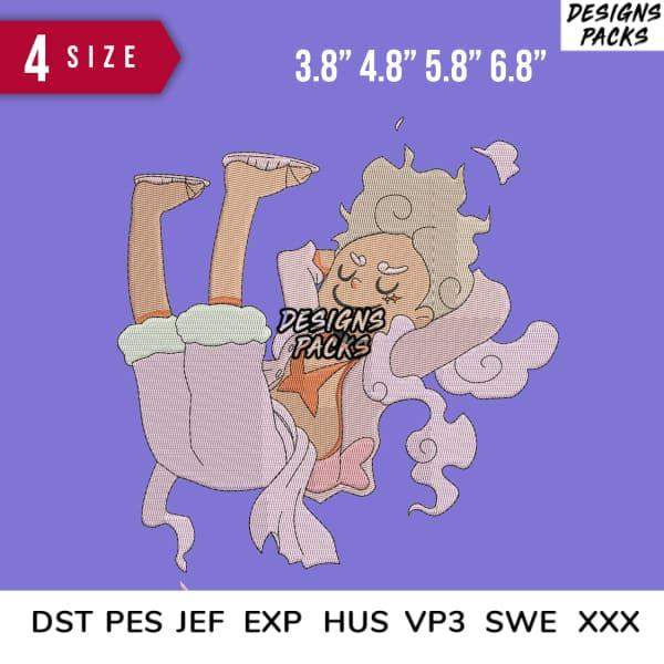 Embroidery design of a whimsical character with cloud-like elements, available in multiple sizes and formats.