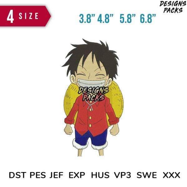 Embroidery design of anime character in red shirt, available in multiple sizes and formats