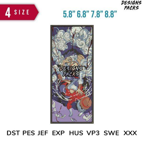 Anime-style embroidery design with dynamic character, available in 4 sizes & multiple formats like PES, DST, JEF