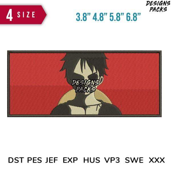 Anime-style embroidery design with red background, available in 4 sizes and multiple file formats