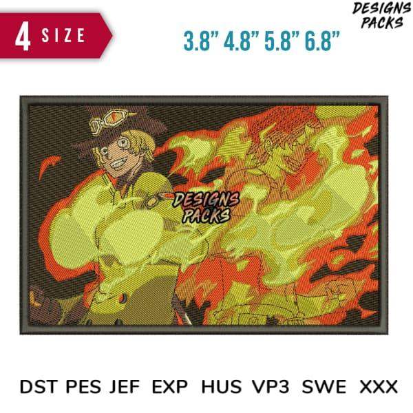 Anime-style embroidery design with fiery character, available in 4 sizes & multiple formats for instant download