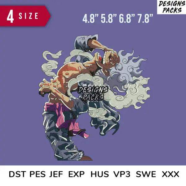 Anime-style embroidery design with dynamic pose, smoke effects, available in 4 sizes and multiple formats like PES, DST, EXP.