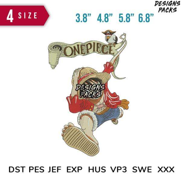 One Piece Luffy embroidery design in 4 sizes, compatible with DST PES JEF formats for instant download