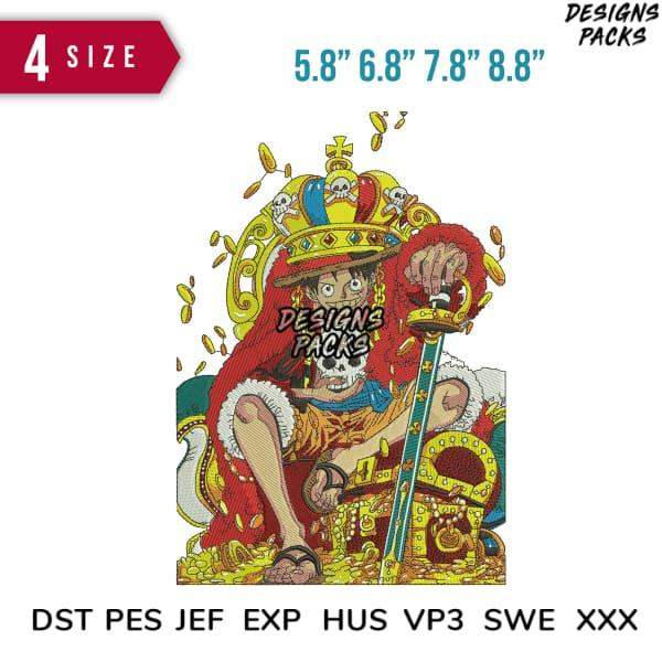 One Piece Luffy king embroidery design in 4 sizes, DST PES JEF formats for instant download