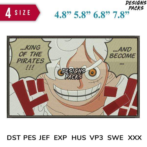Anime pirate character embroidery design in 4 sizes, print-ready DST PES JEF formats for machine stitching