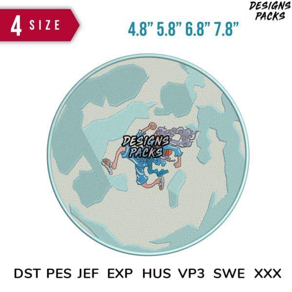 Embroidery design of cartoon character on globe, available in 4 sizes & multiple formats like PES, DST, EXP