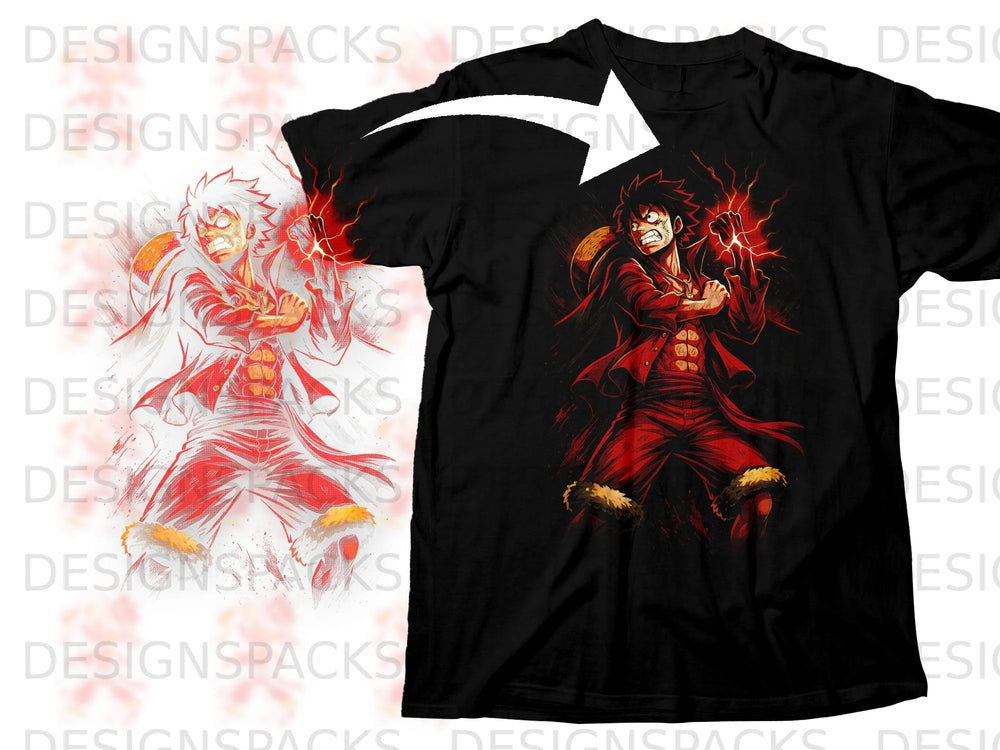 Black t-shirt featuring a red anime character with lightning effects.