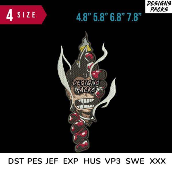 Skull with red roses embroidery design in 4 sizes, DST PES JEF formats for machine embroidery