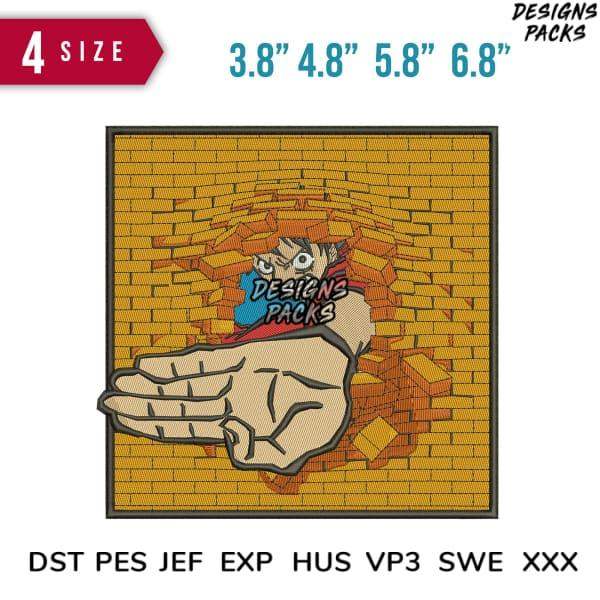 Embroidery design of hand breaking brick wall, 4 sizes, DST PES JEF formats