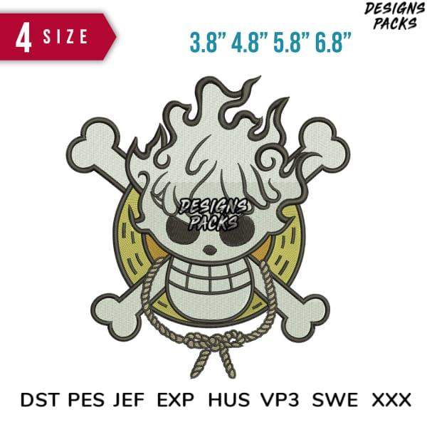 Embroidery design of flaming skull with crossbones, available in 4 sizes and multiple formats