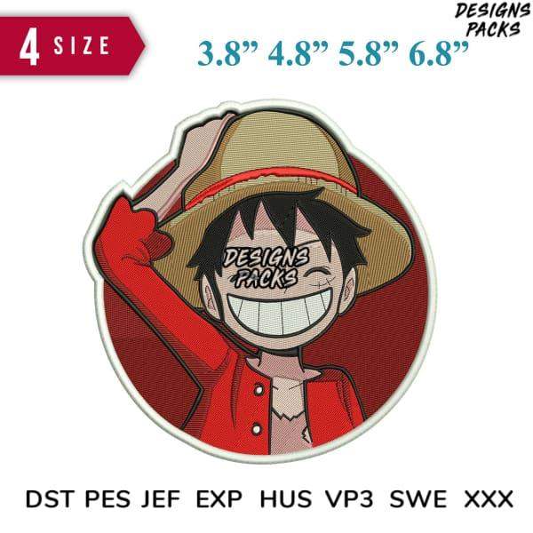 Anime character in red jacket and straw hat, available in multiple embroidery sizes and formats