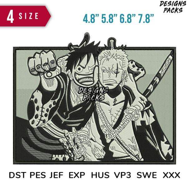 One Piece Luffy & Zoro embroidery design in 4 sizes, DTF/DTG ready, PES DST formats for instant download