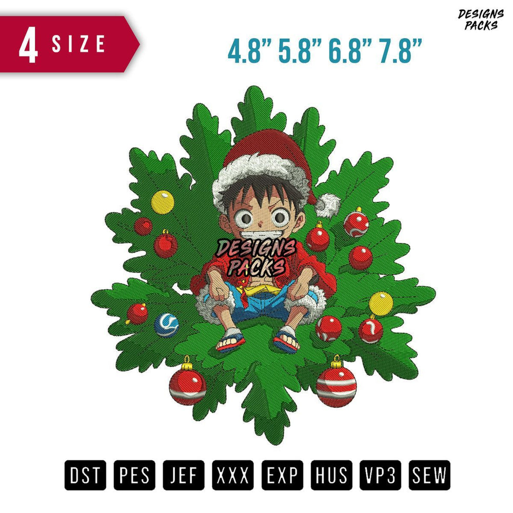 Luffy Christmas Siting Tree Embroidery Design