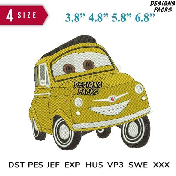 Cute yellow cartoon car embroidery design in 4 sizes, compatible with DST PES JEF formats for instant download.