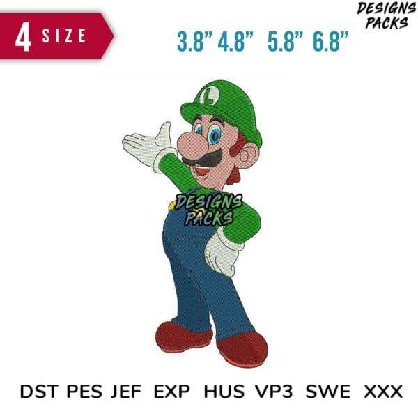 Luigi embroidery design in multiple sizes, compatible with DST PES JEF formats for instant download.