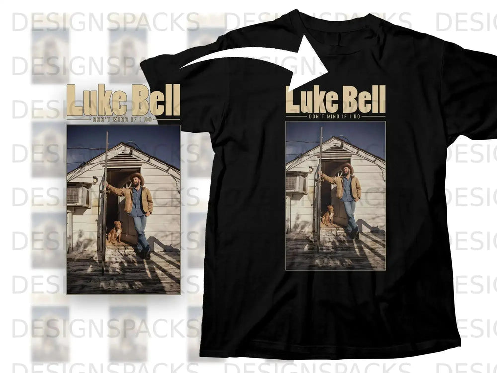 Black t-shirt with a rectangular graphic featuring Luke Bell and his dog outside a building.